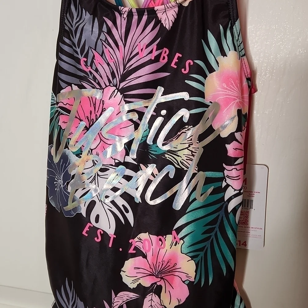 Justice Graphic Racerback One-Piece Swimsuit Size M NWT